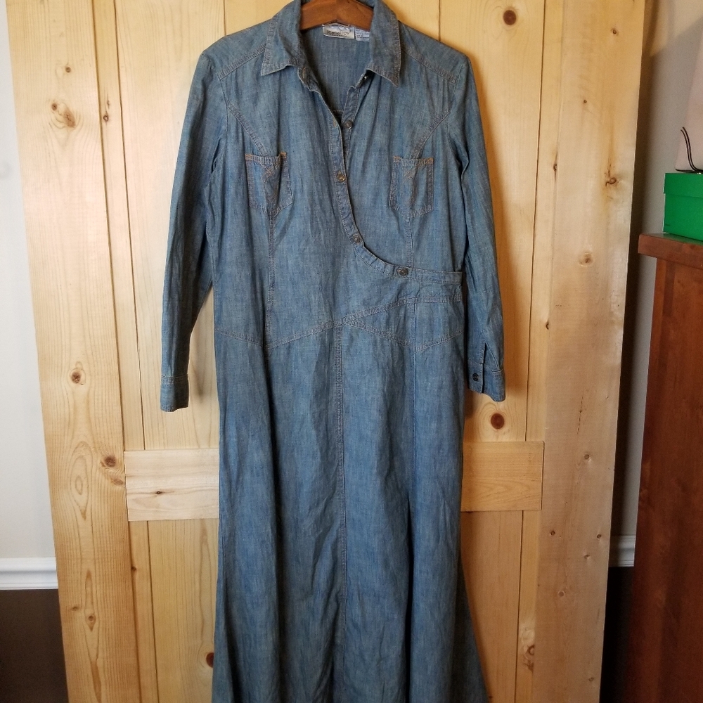 Jeanology Blue Chambray Denim Western Prairie Y2k Long Sleeve Maxi Dress